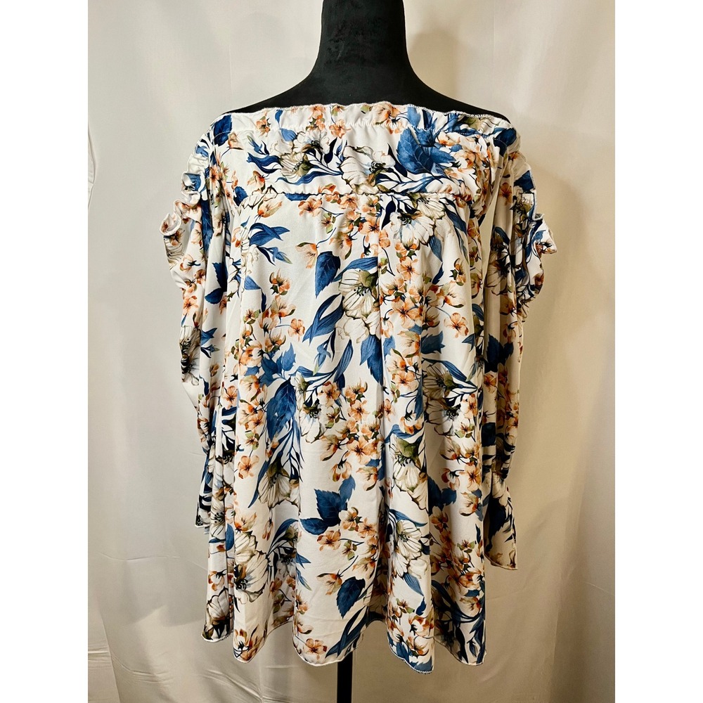 Floral Print Off Shoulder Tunic Top Flowy Blouse Casual White Blue Size OS